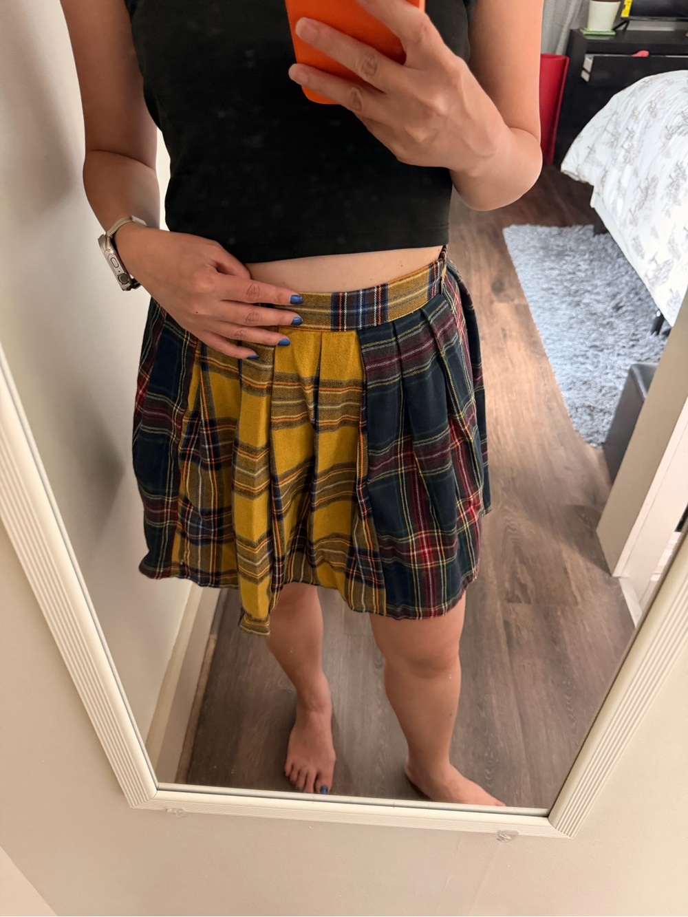 SHEIN Yellow & Navy Plaid Pleated Skater Skirt